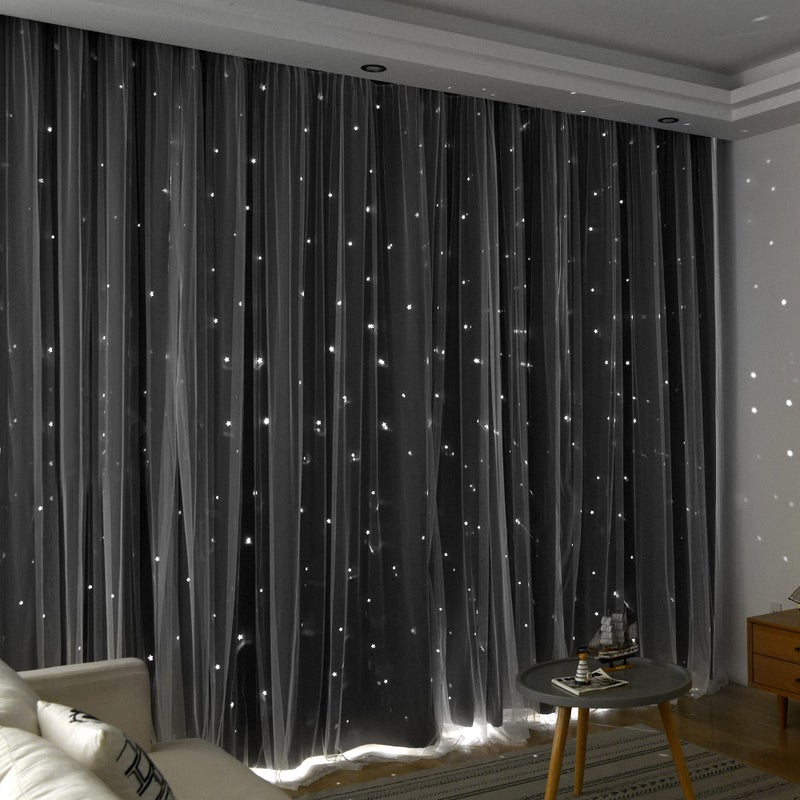 Kinryb Grey Star Curtains for Bedroom Star Hollow Out Blackout Curtains for Kids Room Decor Double Layer Cut Out Window 2 Panel with Tiebacks 52W x 84L Grey - Image 3